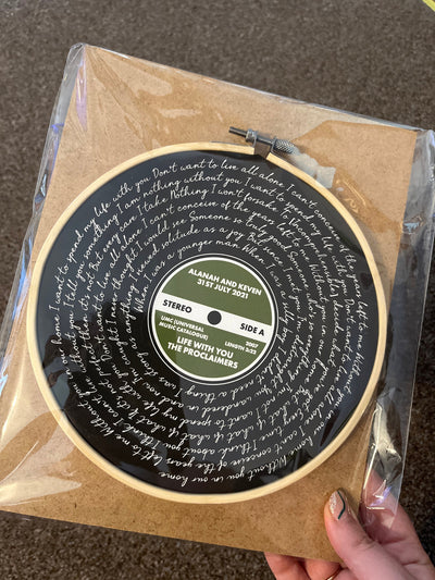 Customer photo — Personalised Song Lyrics Vinyl Record Cotton Canvas Circular Frame