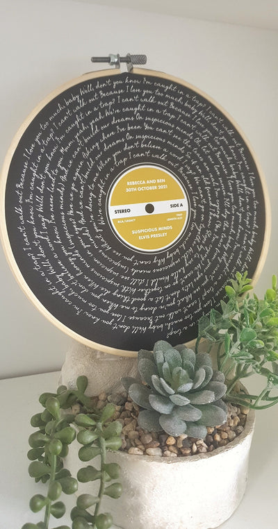 Customer photo — Personalised Song Lyrics Vinyl Record Cotton Canvas Circular Frame