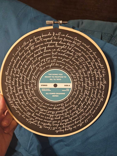 Customer photo — Personalised Song Lyrics Vinyl Record Cotton Canvas Circular Frame