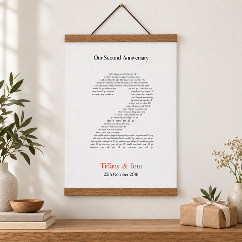 Personalised Second Anniversary Song Lyrics Cotton Canvas Print — close lifestyle view