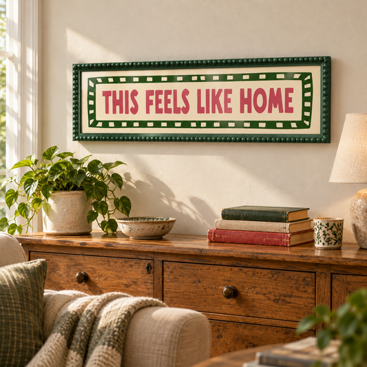This Feels Like Home Bobbin Panoramic Print — lifestyle dark green 100x25