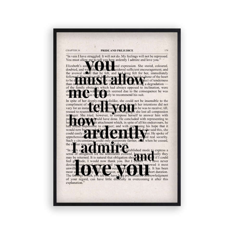 Pride And Prejudice How Ardently I Admire And Love You Quote Book Print