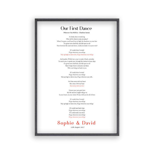 Personalised First Dance Song Wedding Lyrics Print - Blim & Blum