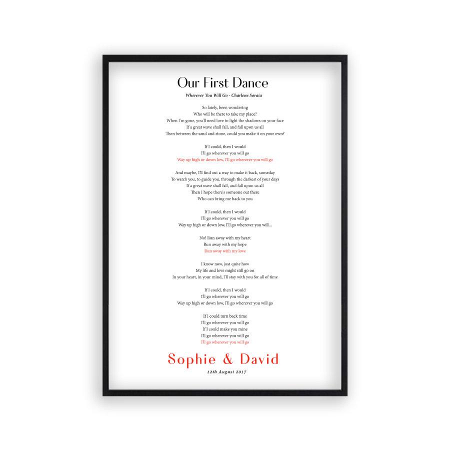 Personalised First Dance Song Wedding Lyrics Print - Blim & Blum