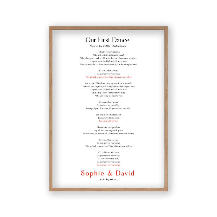 Personalised First Dance Song Wedding Lyrics Print - Blim & Blum