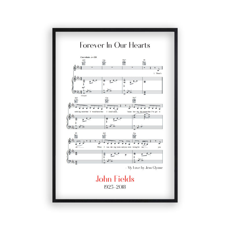 Personalised Funeral Memorial Song Sheet Music Print