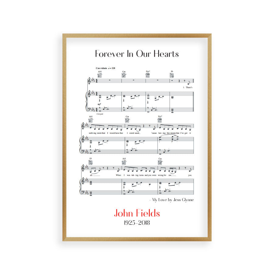 Personalised Funeral Memorial Song Sheet Music Print