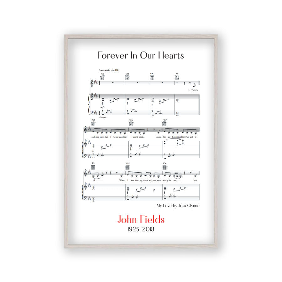 Personalised Funeral Memorial Song Sheet Music Print