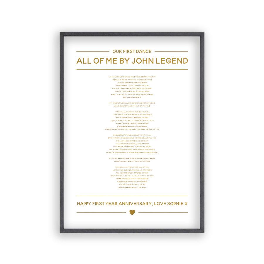 Personalised Gold Foil Wedding Song Lyrics Print - Blim & Blum