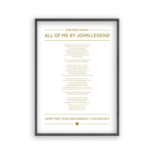 Personalised Gold Foil Wedding Song Lyrics Print - Blim & Blum