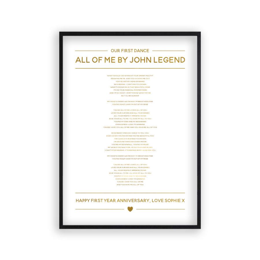 Personalised Gold Foil Wedding Song Lyrics Print - Blim & Blum