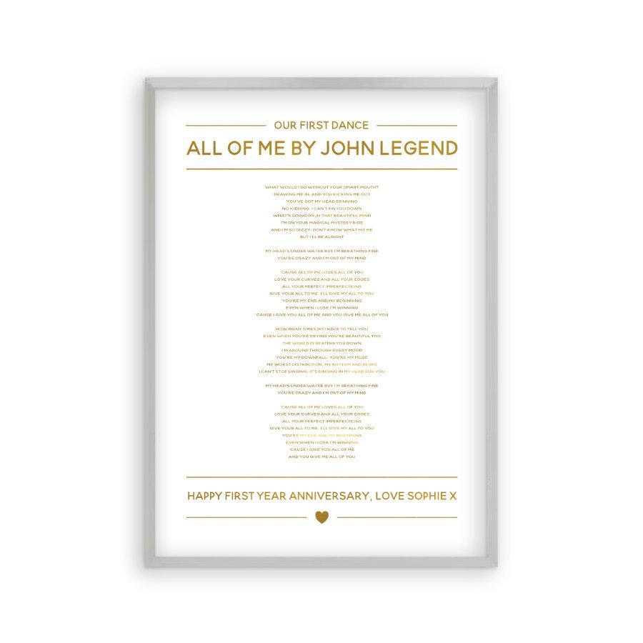 Personalised Gold Foil Wedding Song Lyrics Print - Blim & Blum