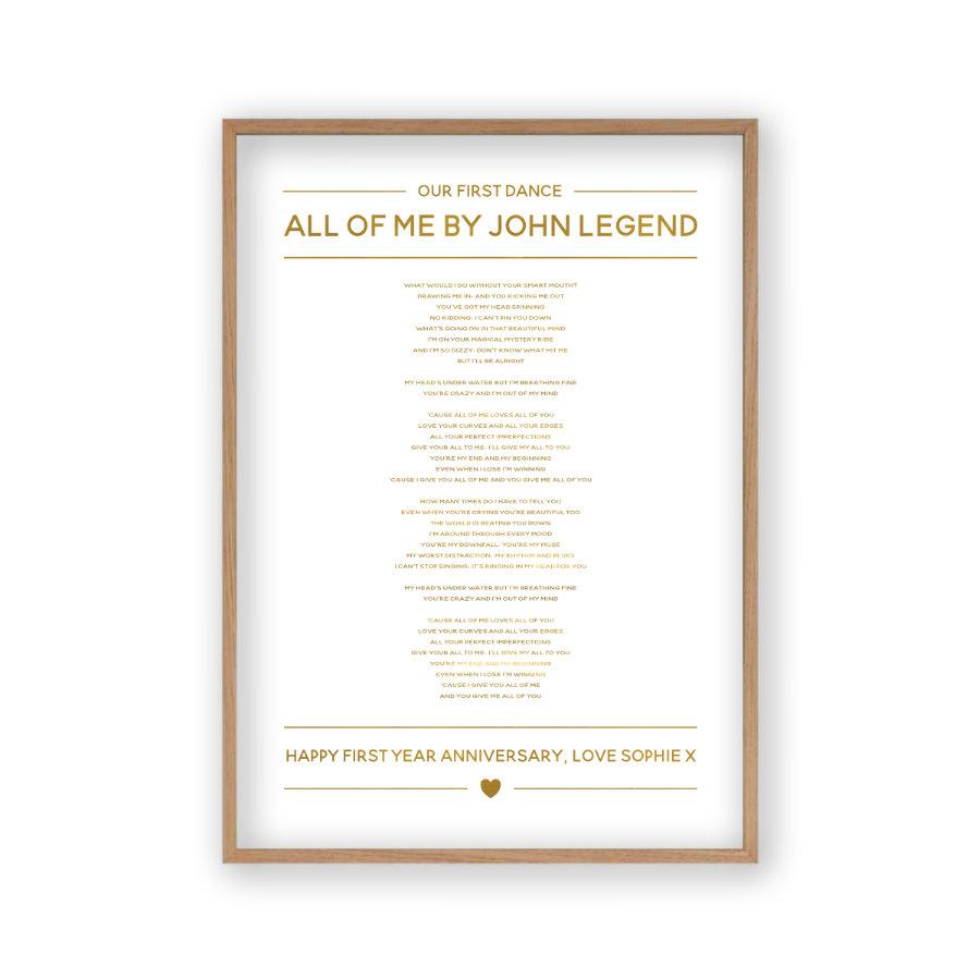 Personalised Gold Foil Wedding Song Lyrics Print - Blim & Blum