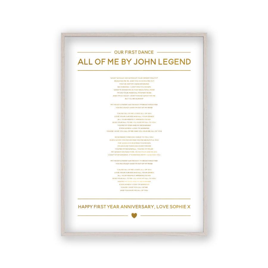 Personalised Gold Foil Wedding Song Lyrics Print - Blim & Blum