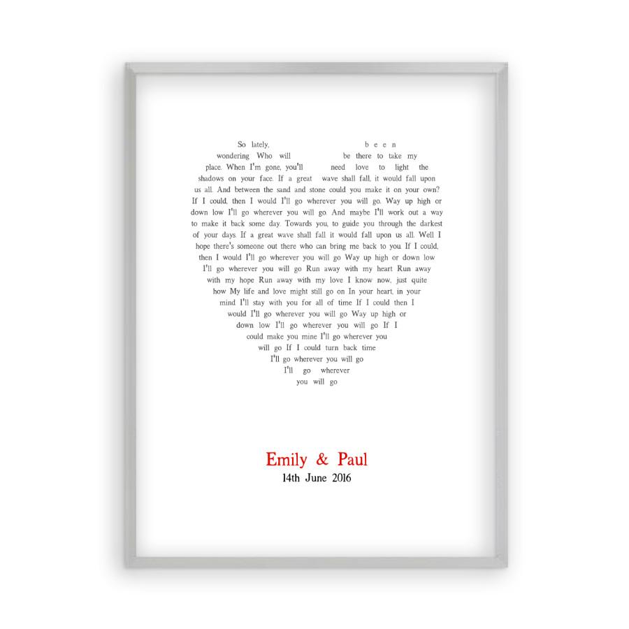 Personalised Wedding First Dance Song Lyrics Heart Print - Blim & Blum