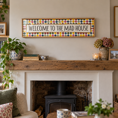 Welcome to The Mad House Panoramic Print in a room setting