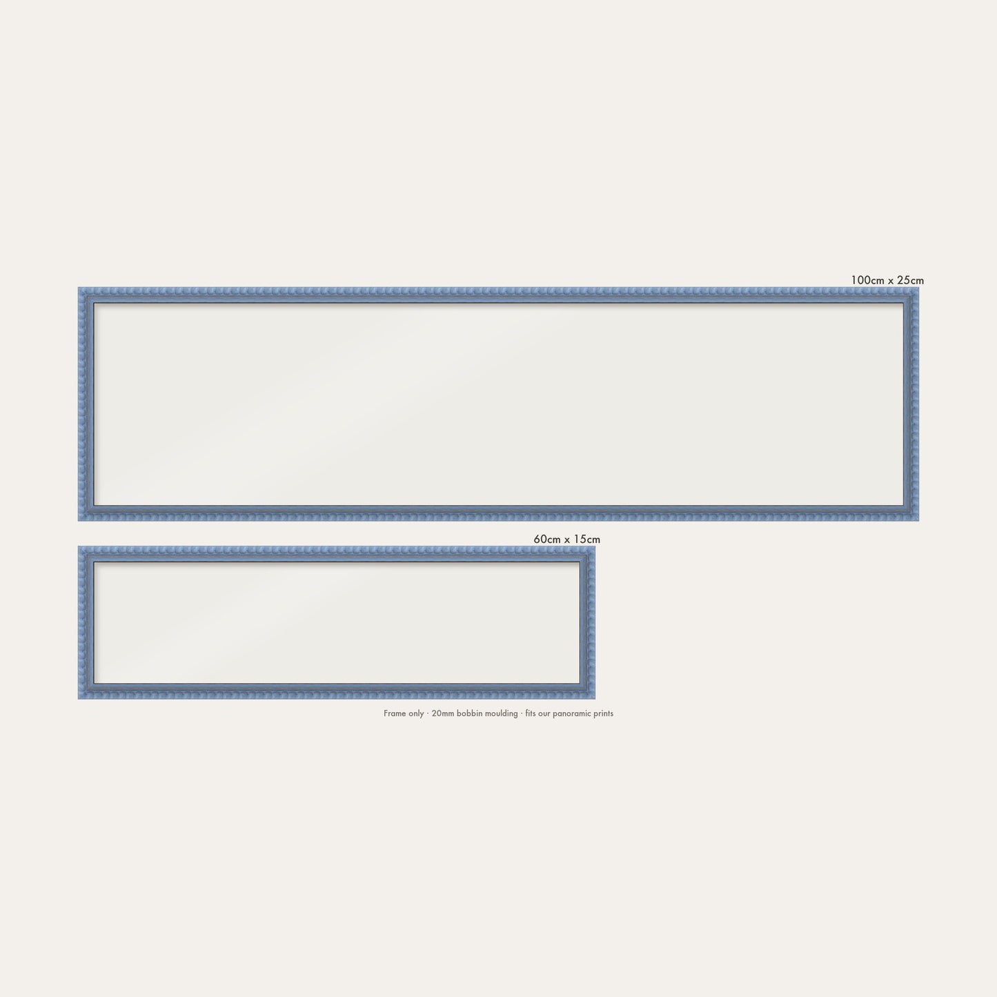 Sky Blue bobbin panoramic frame shown in both sizes, 60cm x 15cm and 100cm x 25cm