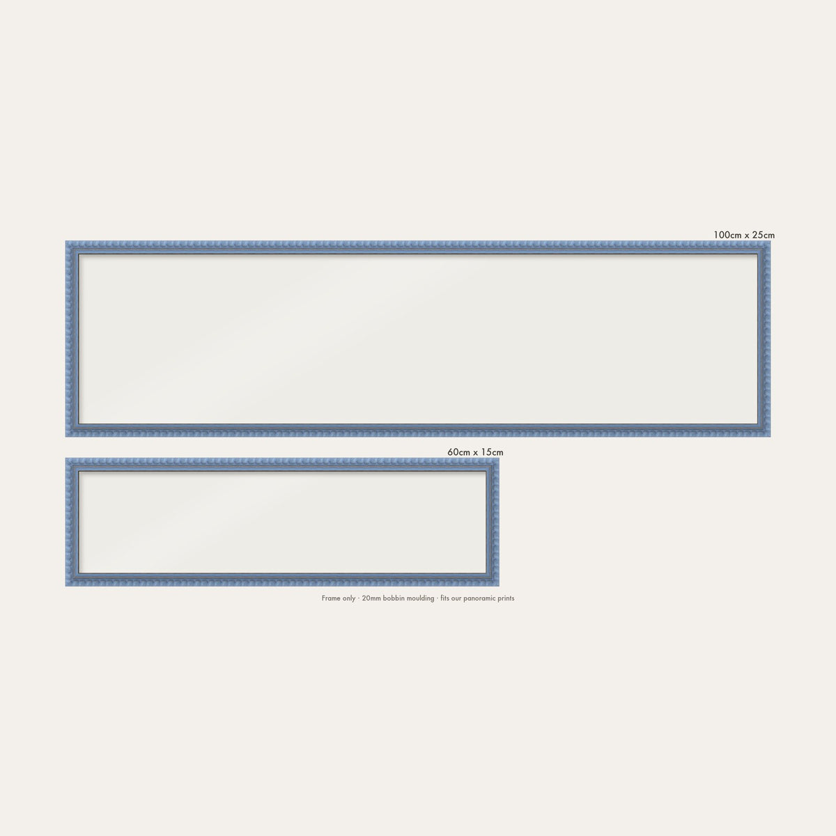 Sky Blue bobbin panoramic frame shown in both sizes, 60cm x 15cm and 100cm x 25cm