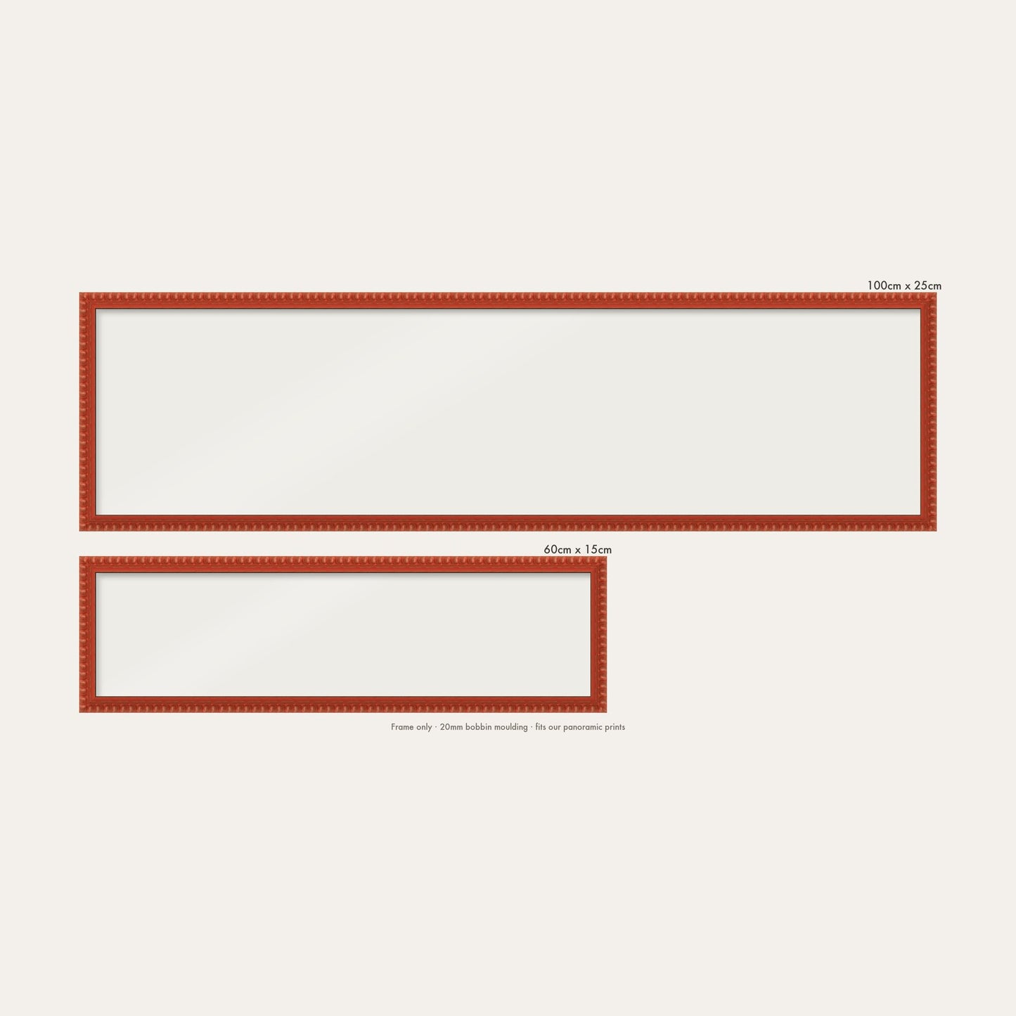 Red bobbin panoramic frame shown in both sizes, 60cm x 15cm and 100cm x 25cm