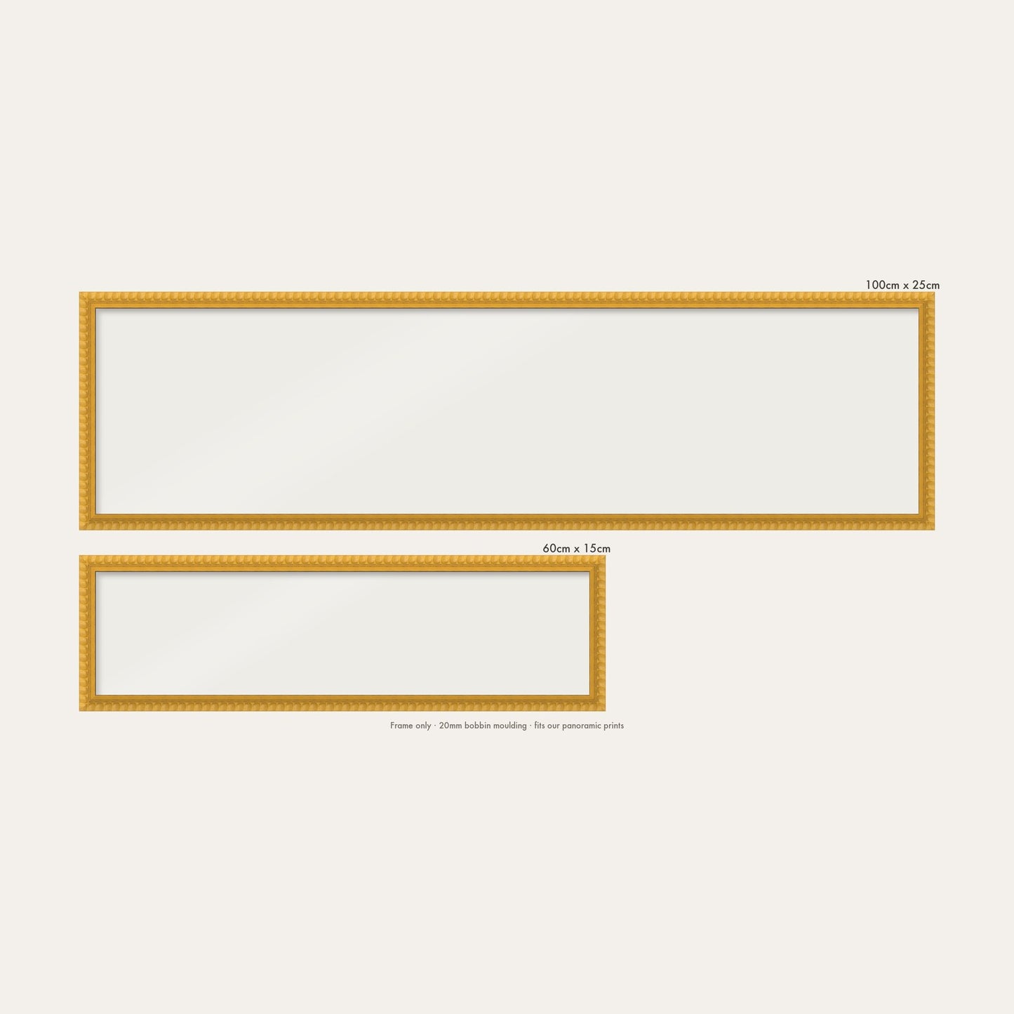 Yellow bobbin panoramic frame shown in both sizes, 60cm x 15cm and 100cm x 25cm