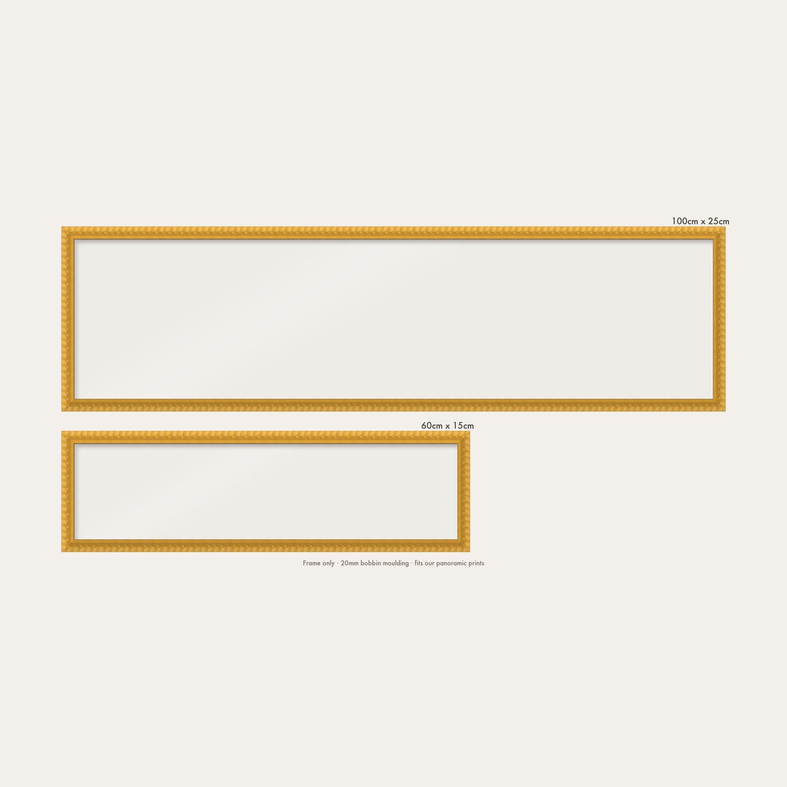 Yellow bobbin panoramic frame shown in both sizes, 60cm x 15cm and 100cm x 25cm