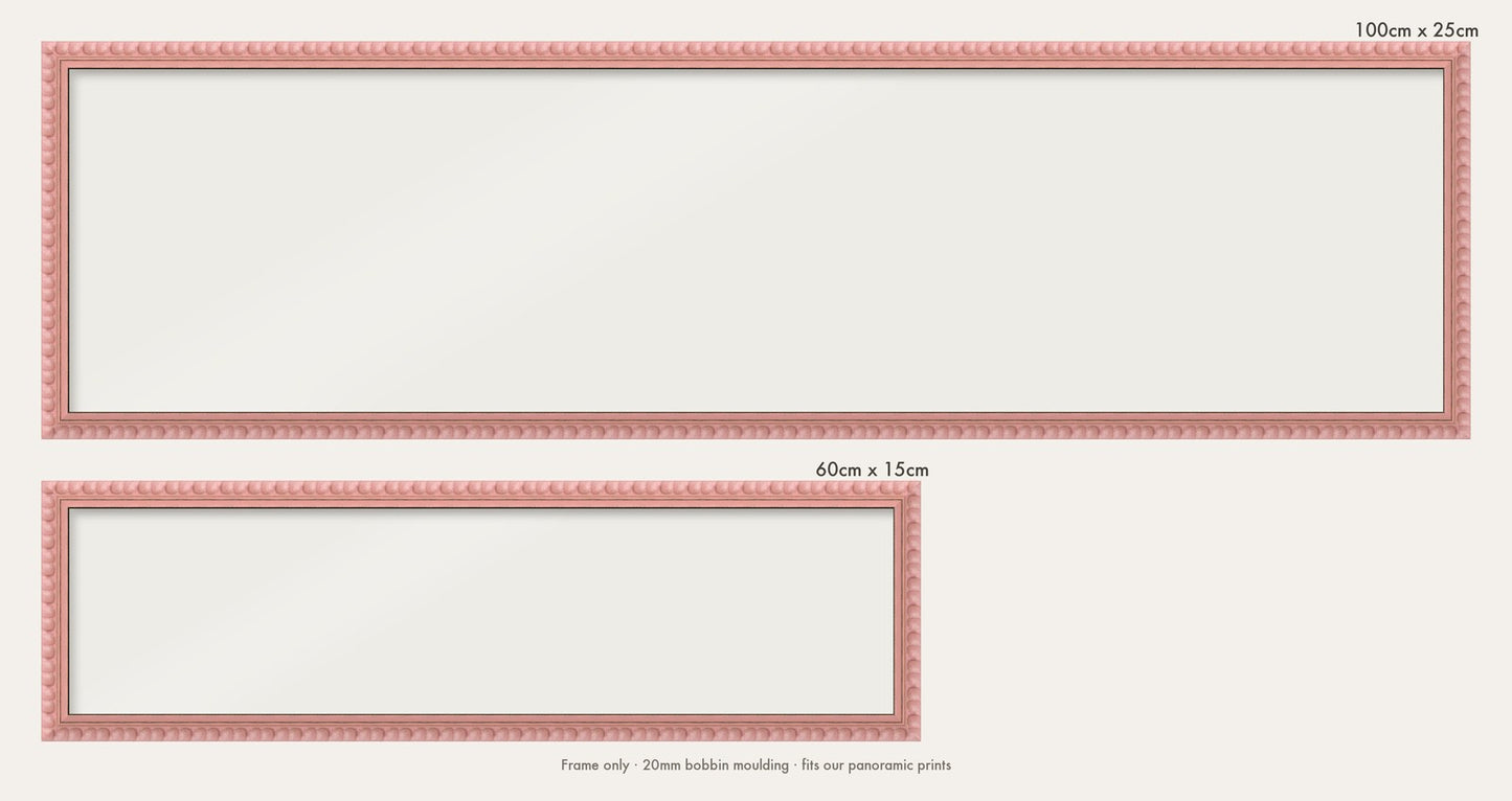 Pink bobbin panoramic frame shown in both sizes, 60cm x 15cm and 100cm x 25cm