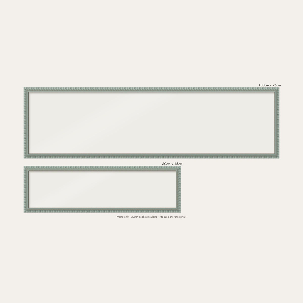 Pale Grey bobbin panoramic frame shown in both sizes, 60cm x 15cm and 100cm x 25cm