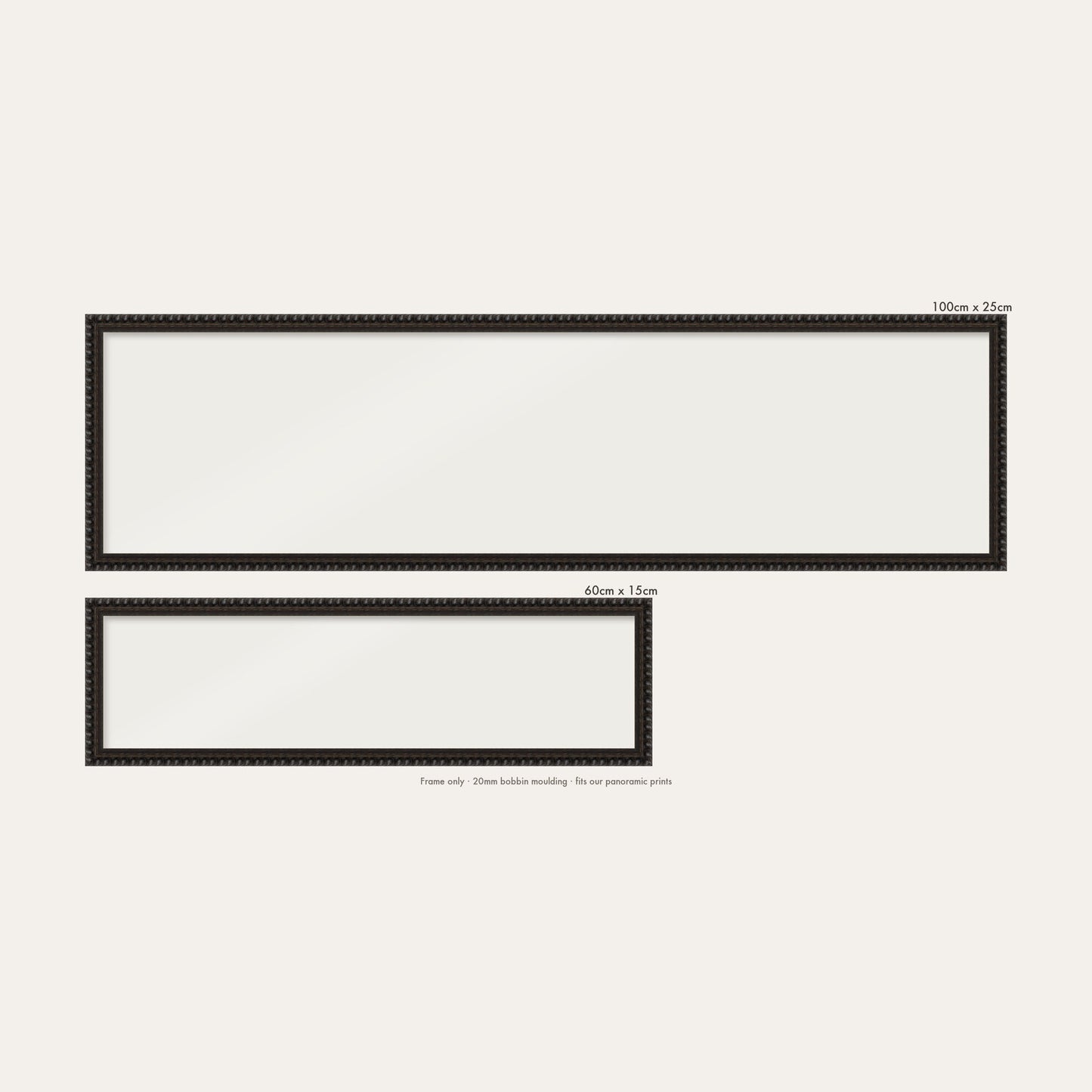 Black bobbin panoramic frame shown in both sizes, 60cm x 15cm and 100cm x 25cm