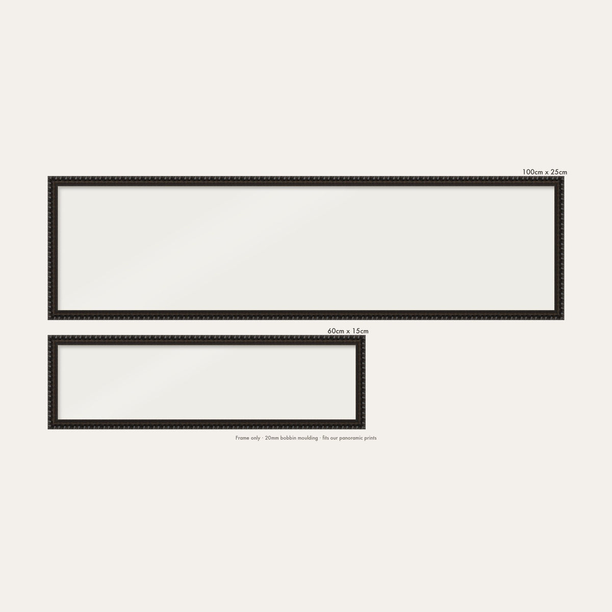 Black bobbin panoramic frame shown in both sizes, 60cm x 15cm and 100cm x 25cm