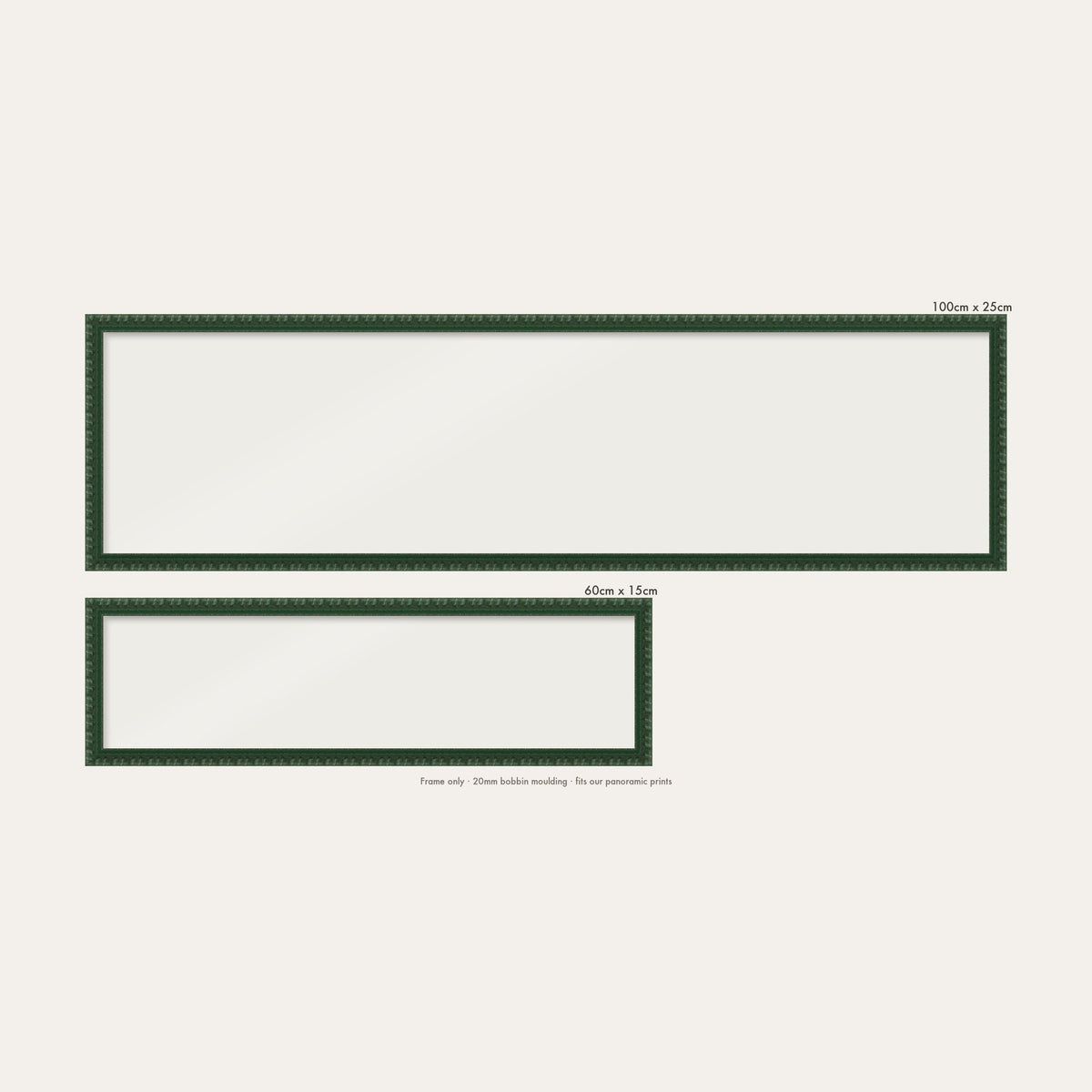 Dark Green bobbin panoramic frame shown in both sizes, 60cm x 15cm and 100cm x 25cm