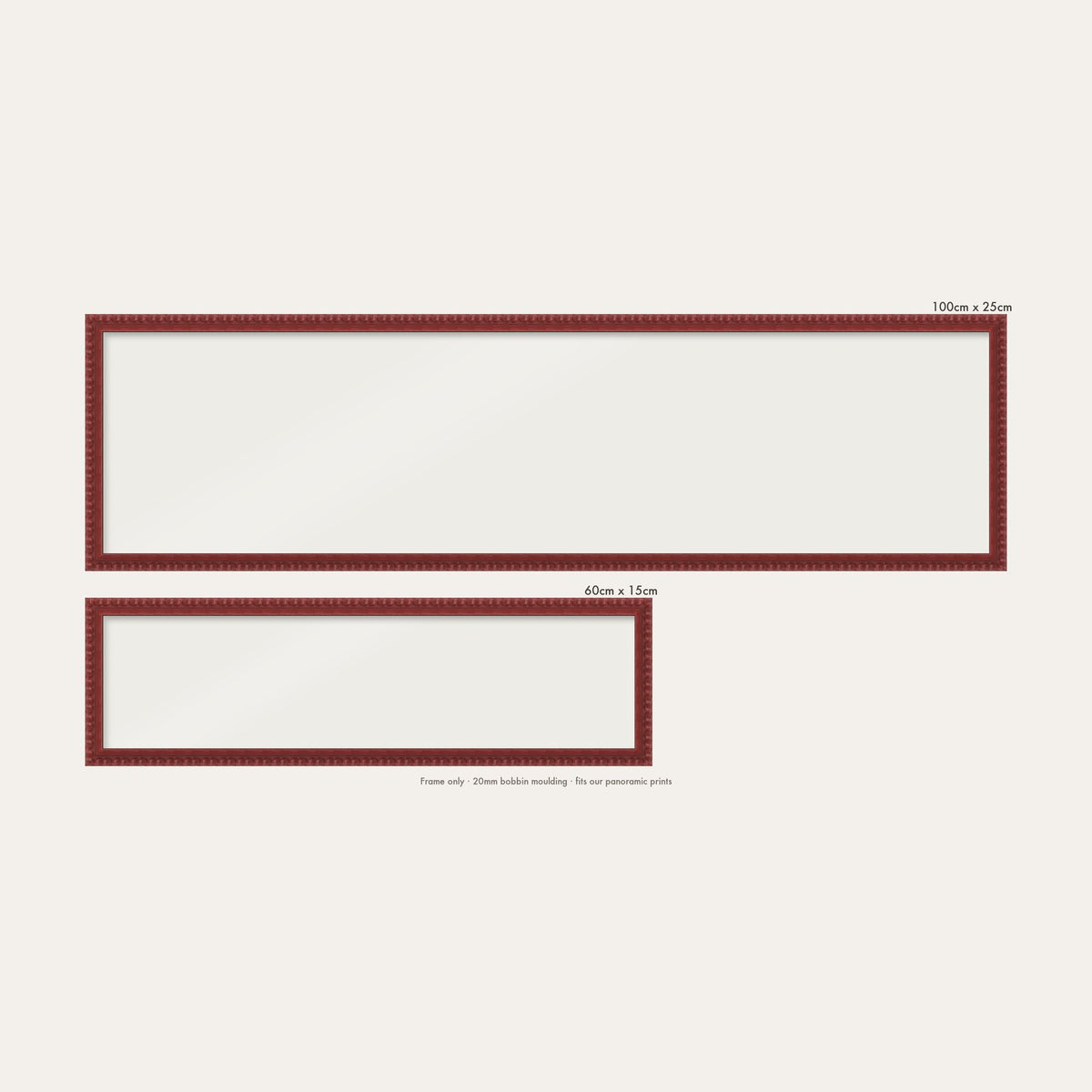 Dark Red bobbin panoramic frame shown in both sizes, 60cm x 15cm and 100cm x 25cm