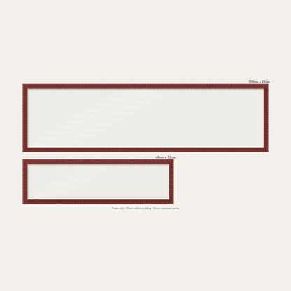 Dark Red bobbin panoramic frame shown in both sizes, 60cm x 15cm and 100cm x 25cm