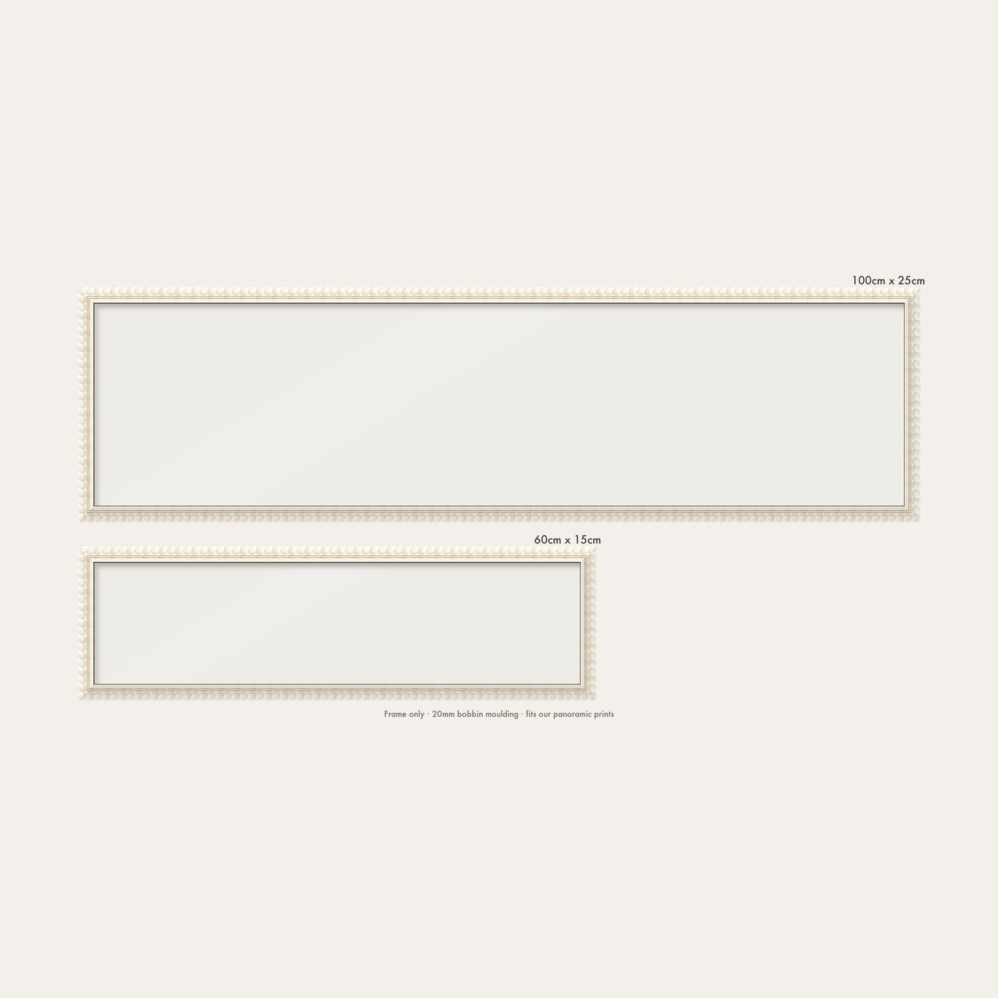 White bobbin panoramic frame shown in both sizes, 60cm x 15cm and 100cm x 25cm