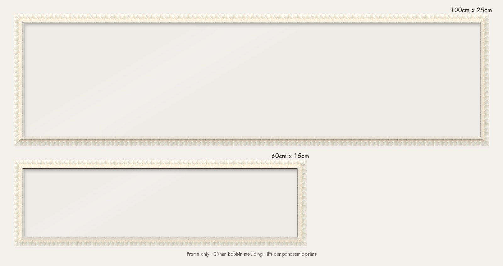 White bobbin panoramic frame shown in both sizes, 60cm x 15cm and 100cm x 25cm
