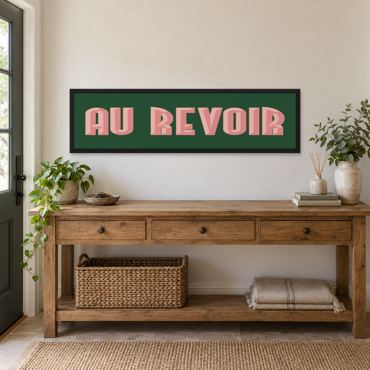 Au Revoir Panoramic Print — wider room setting, matt black wood