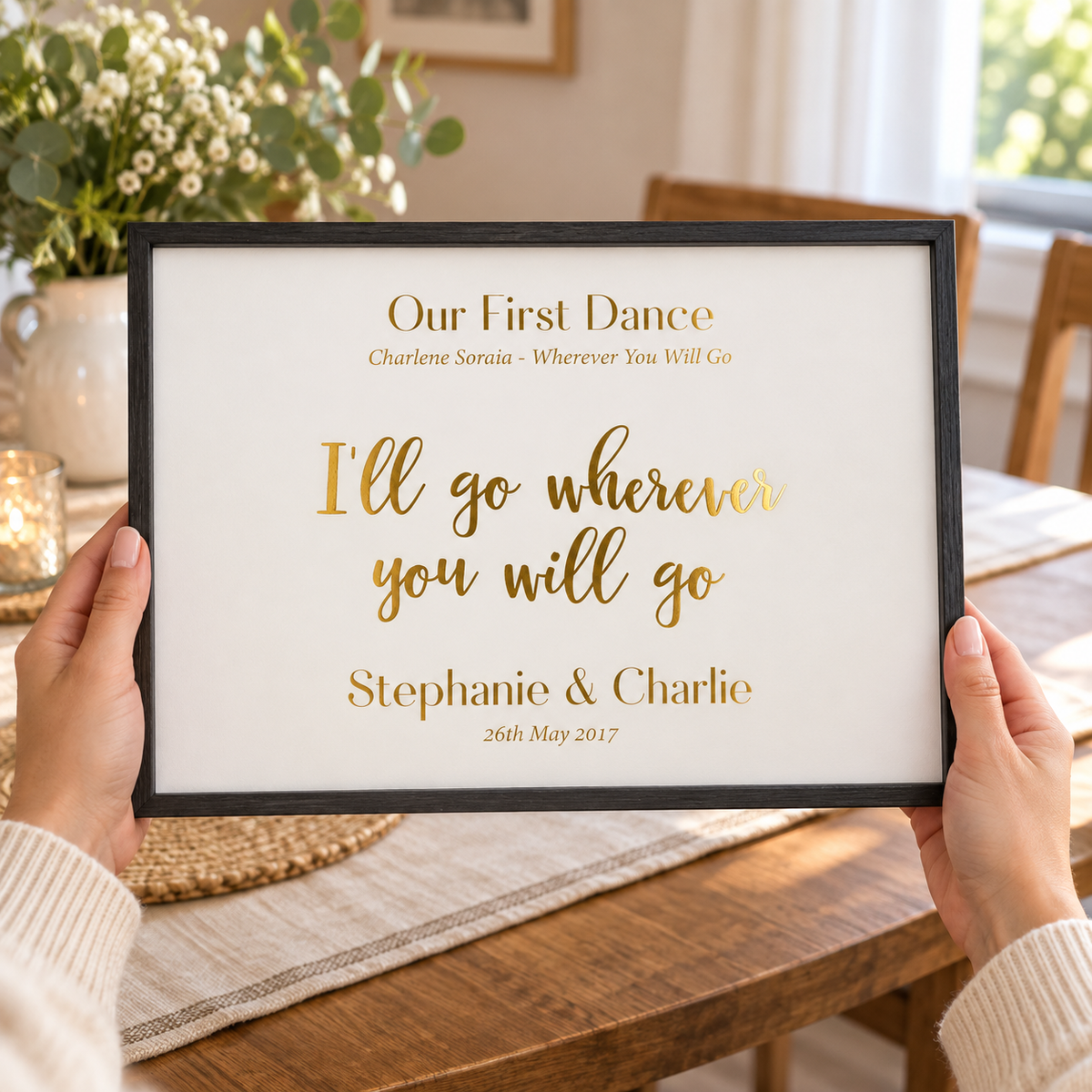BB anniversary lifestyle 2026 | personalised-gold-foil-wedding-song-lyric-quote-print | close