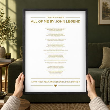 BB anniversary lifestyle 2026 | personalised-gold-foil-wedding-song-lyrics-print | close
