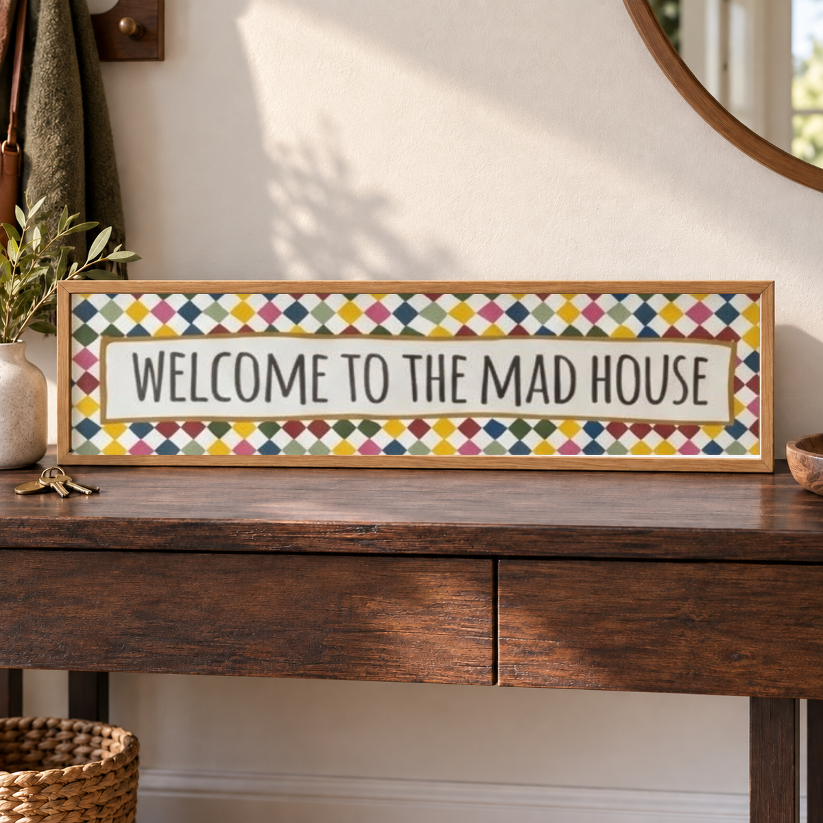 Welcome to The Mad House Panoramic Print in a room setting