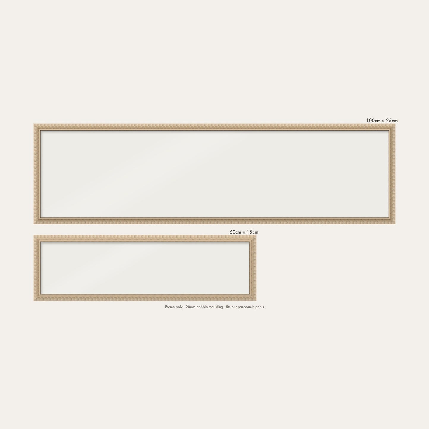 Cream bobbin panoramic frame shown in both sizes, 60cm x 15cm and 100cm x 25cm