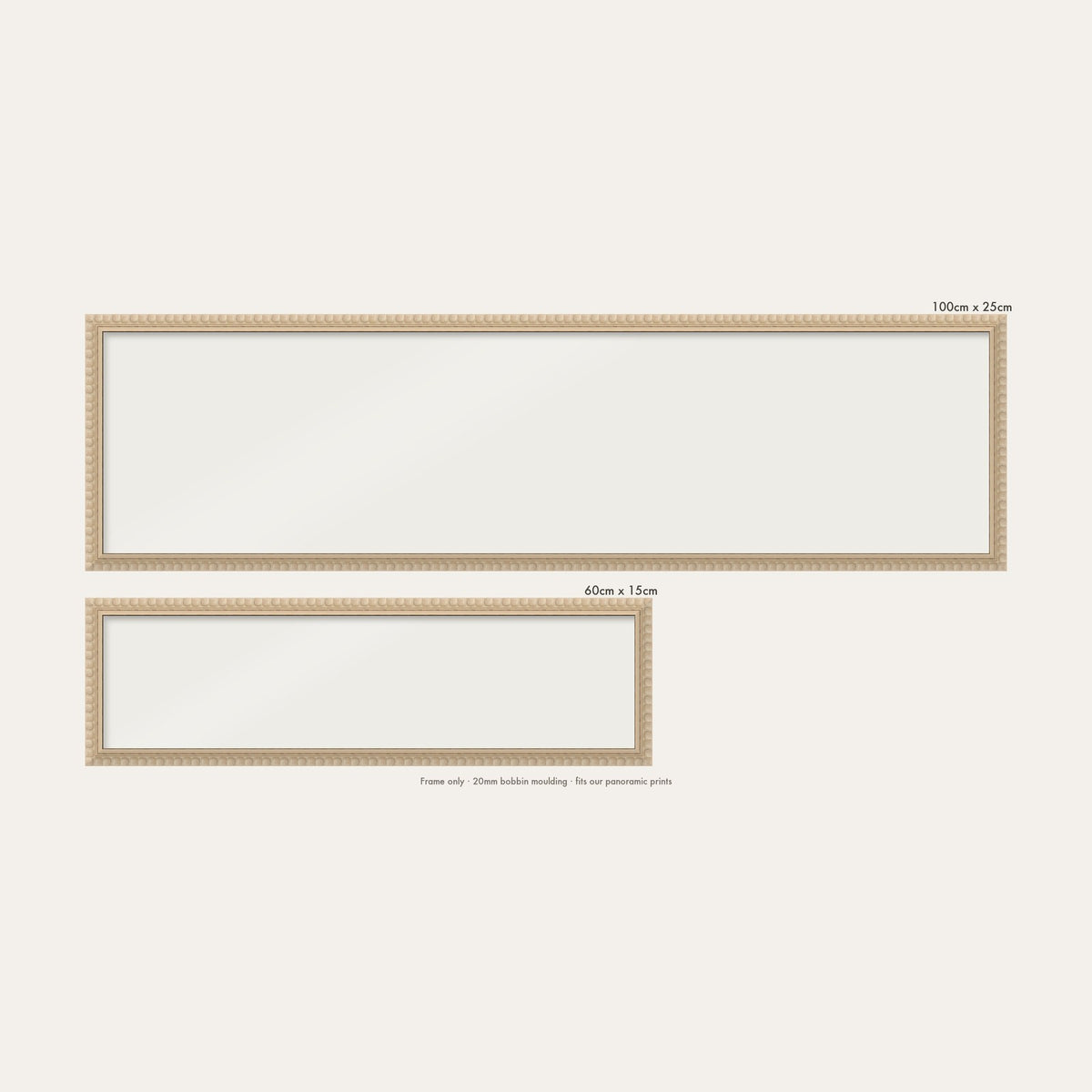 Cream bobbin panoramic frame shown in both sizes, 60cm x 15cm and 100cm x 25cm