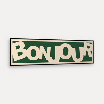 Bonjour Retro panoramic print in a matt black frame, angled view