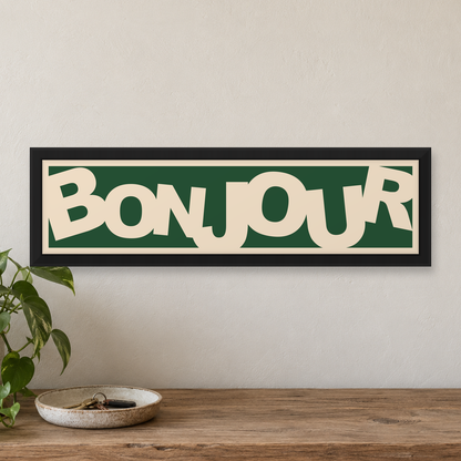 Bonjour Retro Panoramic Print - close lifestyle view, matt black wood