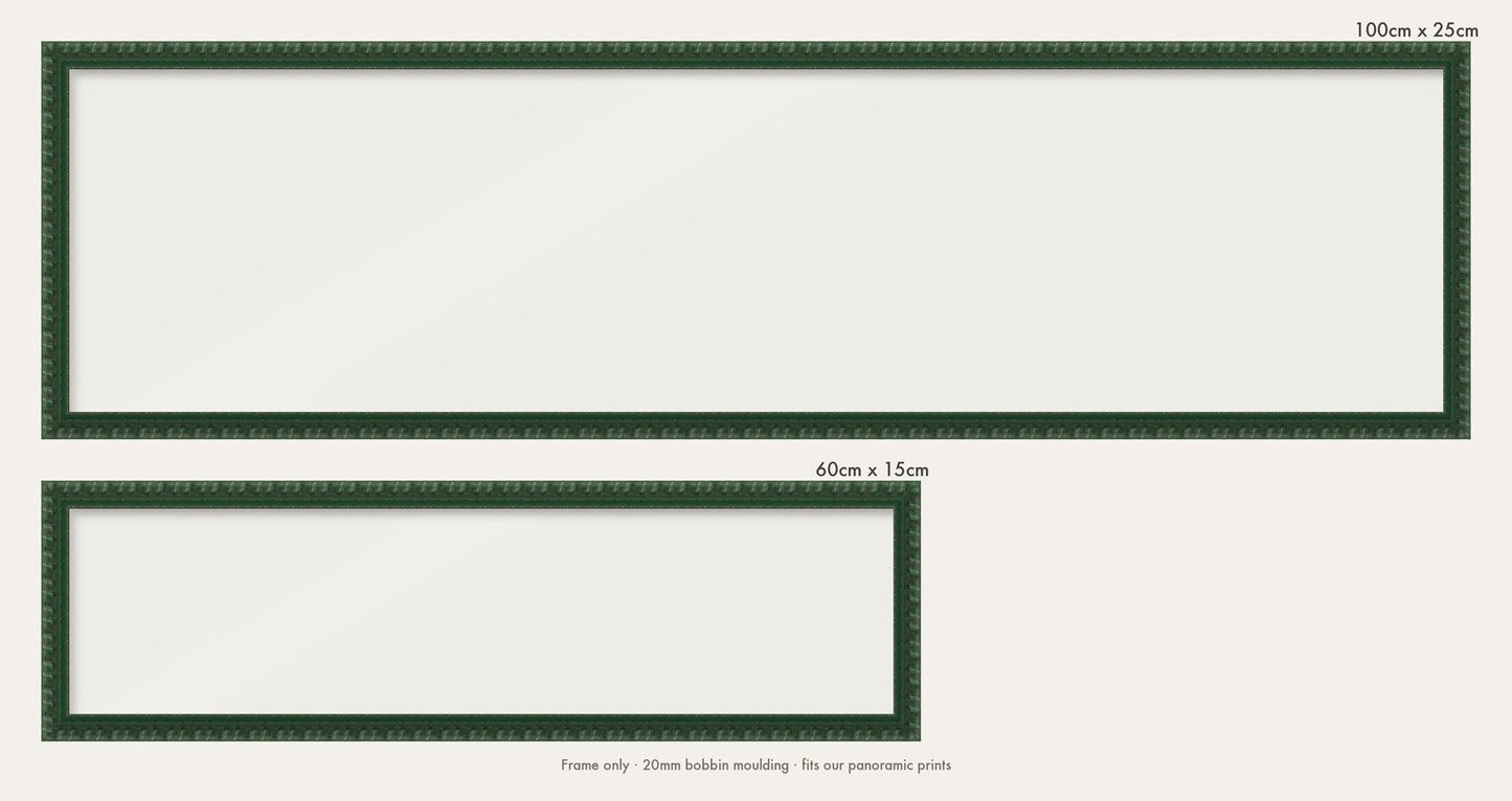 Dark Green bobbin panoramic frame shown in both sizes, 60cm x 15cm and 100cm x 25cm