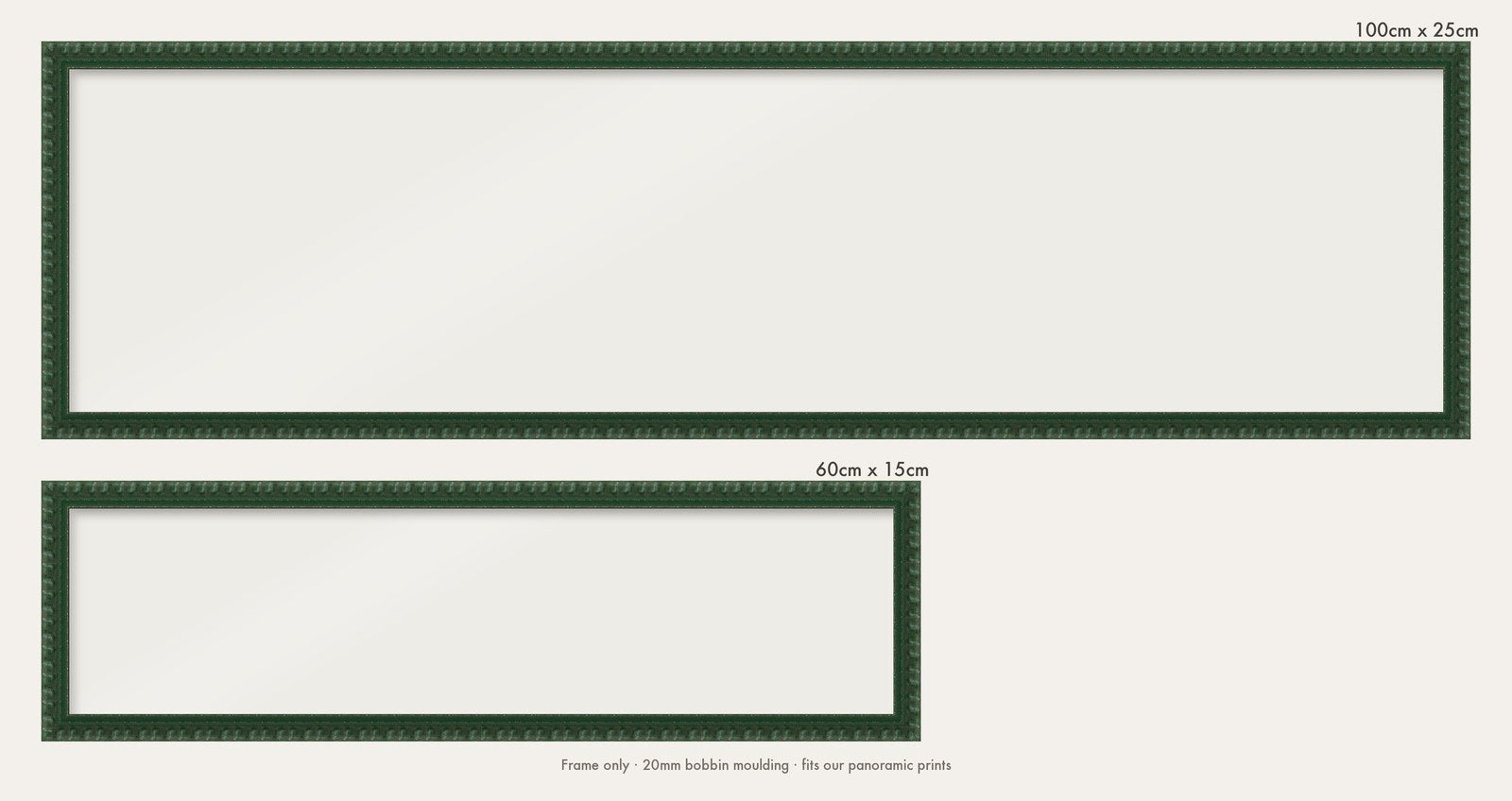 Dark Green bobbin panoramic frame shown in both sizes, 60cm x 15cm and 100cm x 25cm