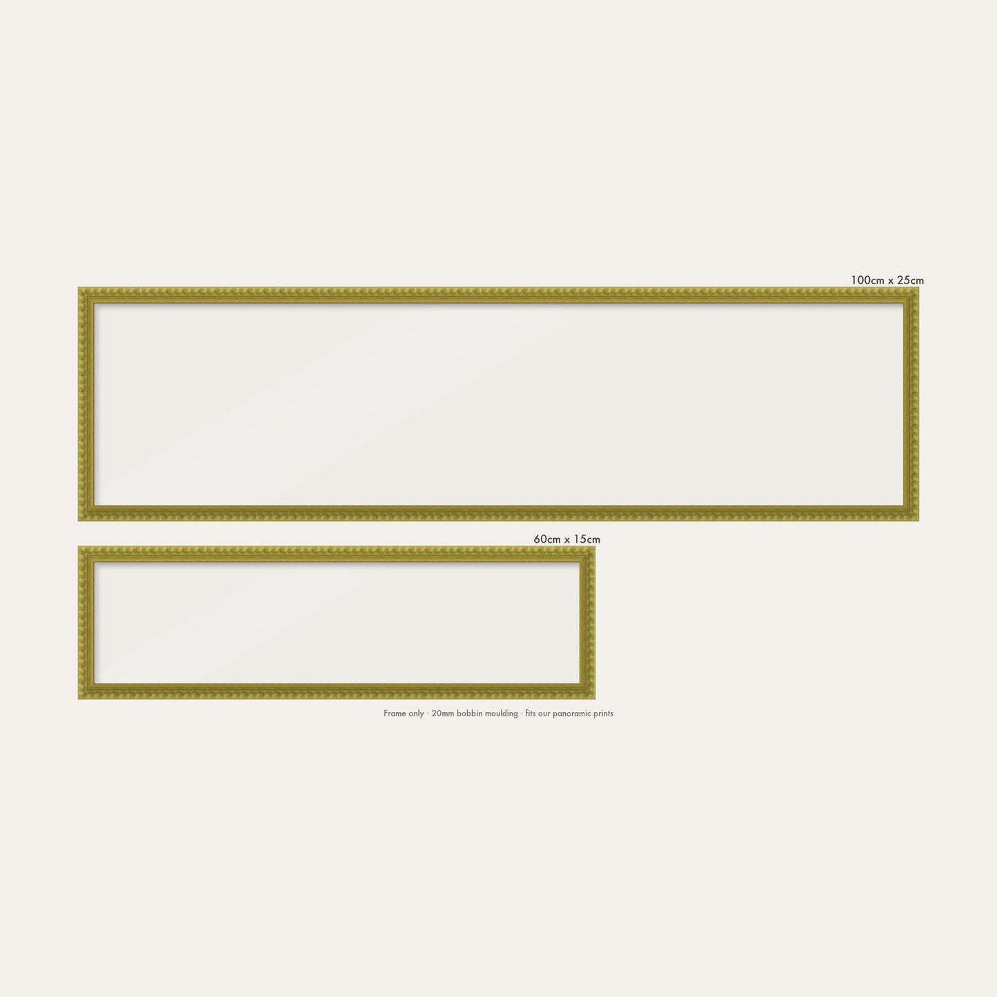 Green bobbin panoramic frame shown in both sizes, 60cm x 15cm and 100cm x 25cm