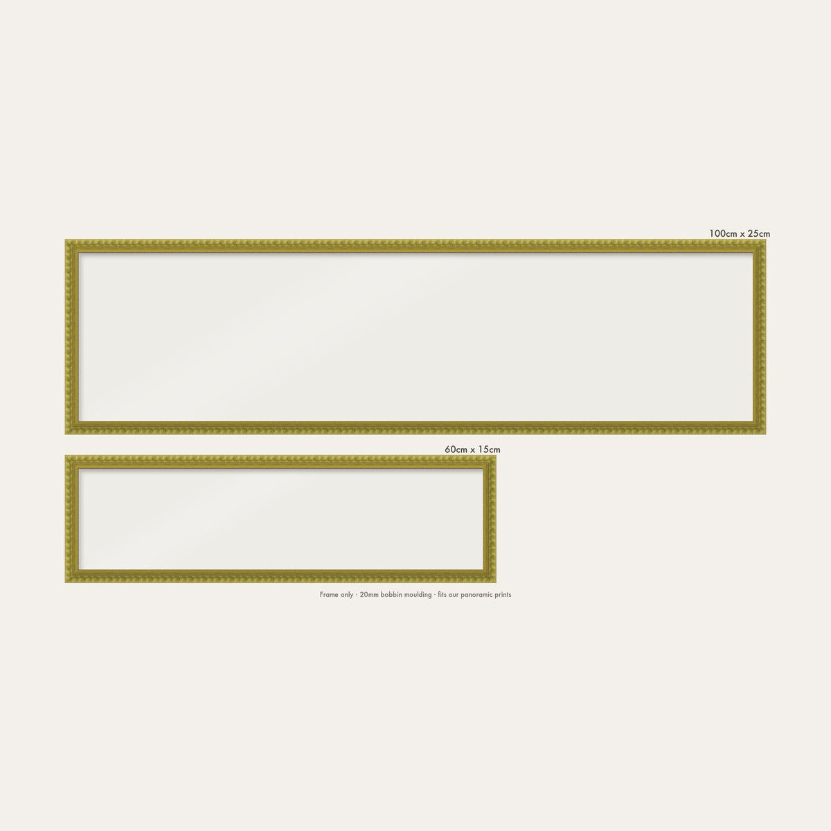Green bobbin panoramic frame shown in both sizes, 60cm x 15cm and 100cm x 25cm