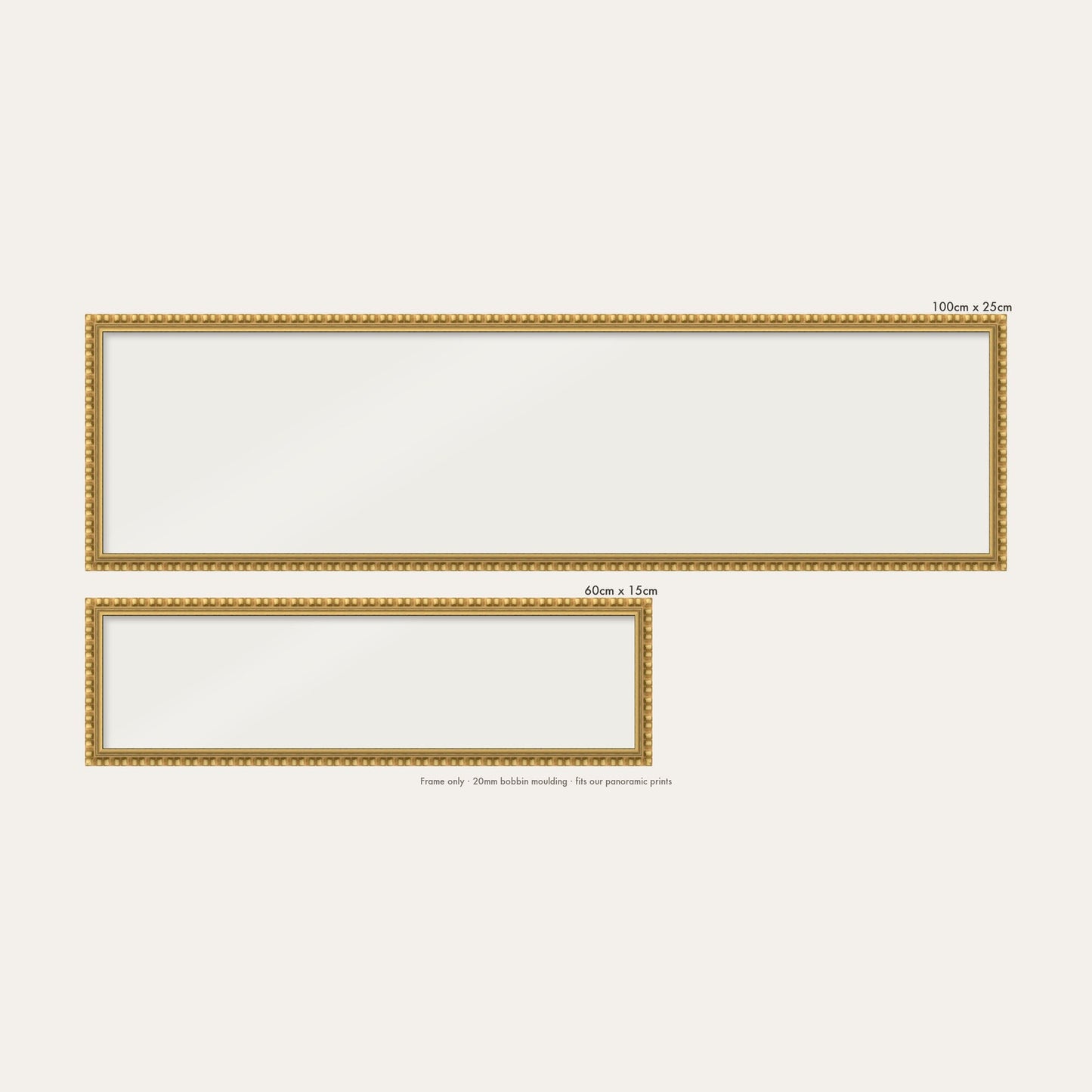 Gold bobbin panoramic frame shown in both sizes, 60cm x 15cm and 100cm x 25cm