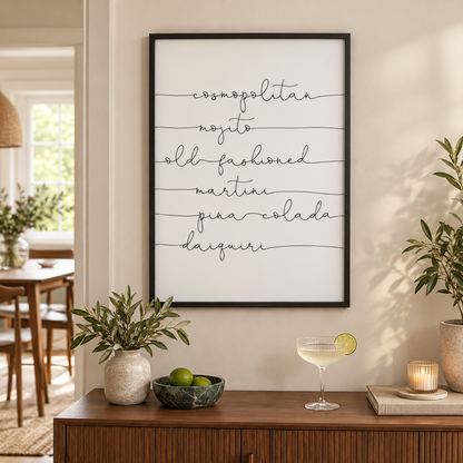 Cocktails Print — wider room setting, black oak frame