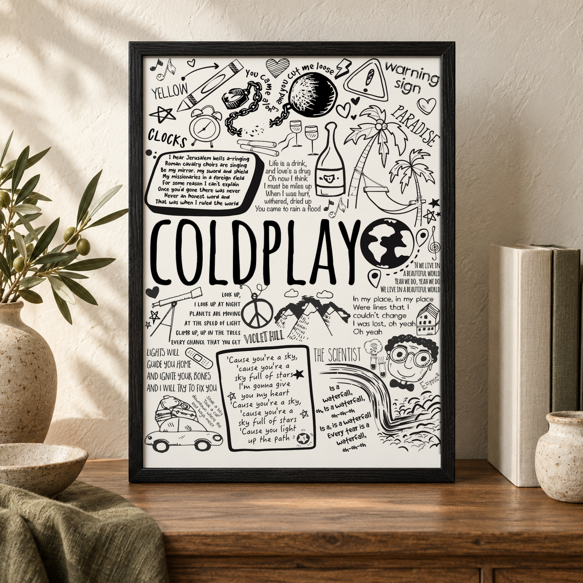 Coldplay Lyric Album Print — close lifestyle view, black oak frame