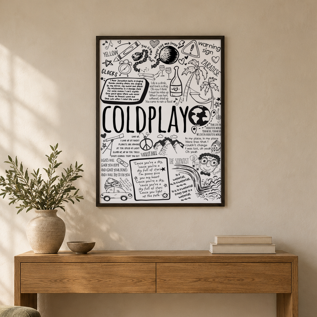 Coldplay Lyric Album Print — wider room setting, black oak frame